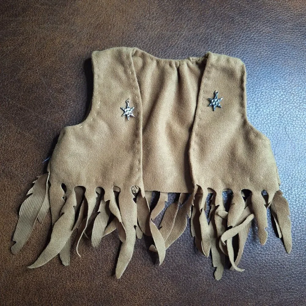 VTG Doll Western Fringe Vest Tan Faux Suede Silver Star Sheriff Cowgirl Outfit